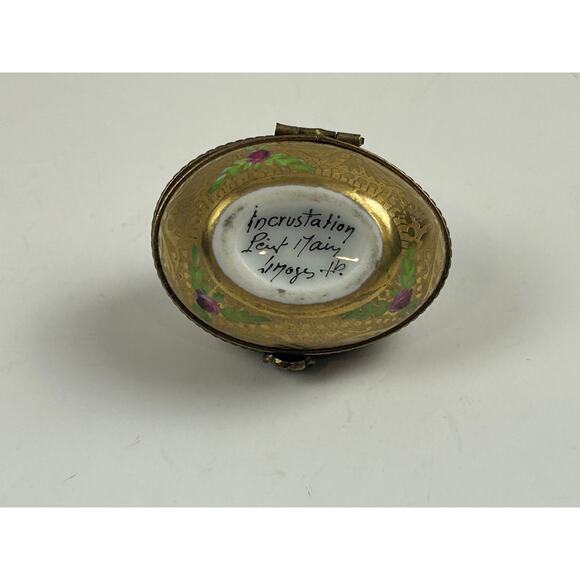 Limoges France Incrustation Trinket Box Hand Painted Roses Raised Gold Oval - Picture 11 of 15